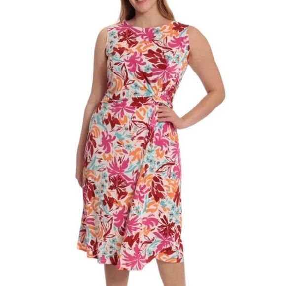Maggy London Womens Pink Orange Tropical Sleeveless Midi Dress NWT - Picture 3 of 10